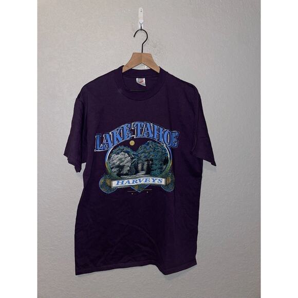 90s Vintage Lake Tahoe Harveys Tee Jerzees L USA Purple 90s Tourist Graphic - Picture 1 of 12